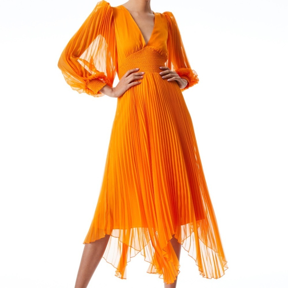 Like New Alice + Olivia Sion Pleated Midi Dress Size 6 Tangerine Retail $550.00